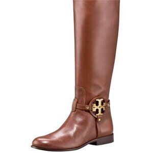 Tory Burch Aaden Riding Boots Cognac Leather Gold Logo Zip Closure Size 6M